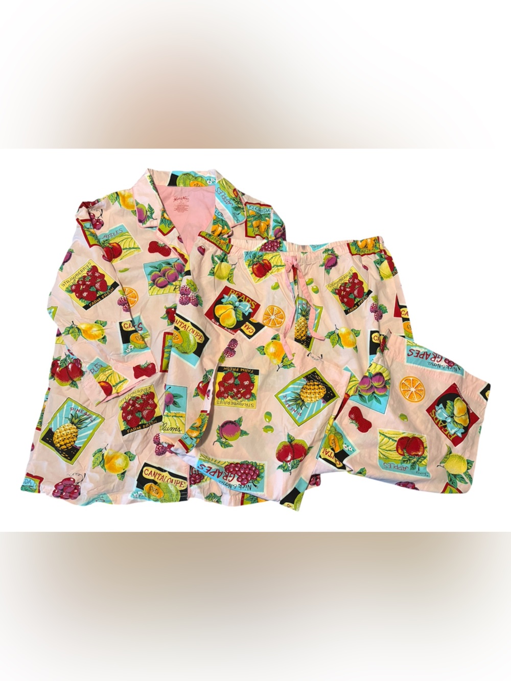 Vintage Nick and Nora Fruit Stand (2) Pc. Grannycore Cabincore Pajama Set XL